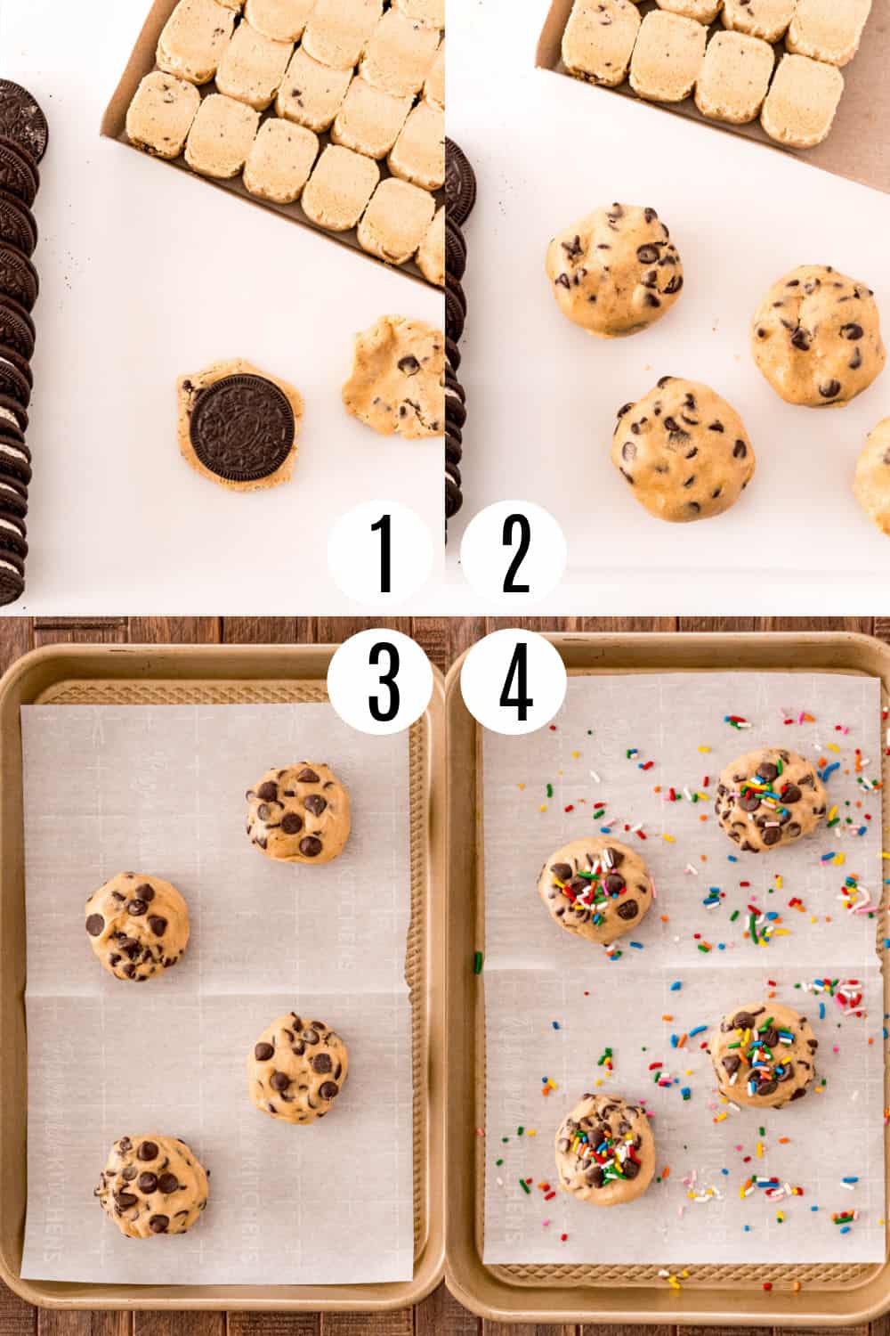 Step by step photos showing how to make Oreo stuffed cookies.