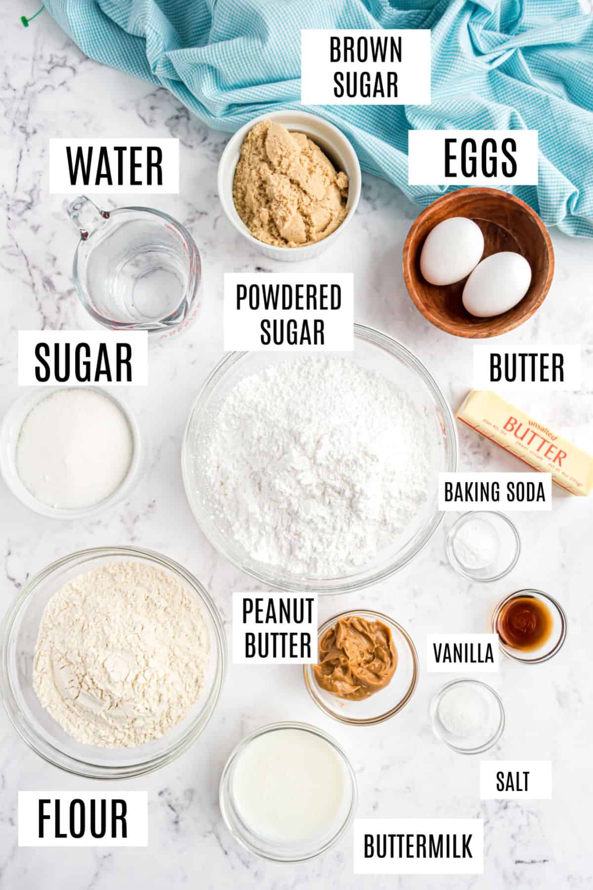 Ingredients needed for peanut butter sheet cake.