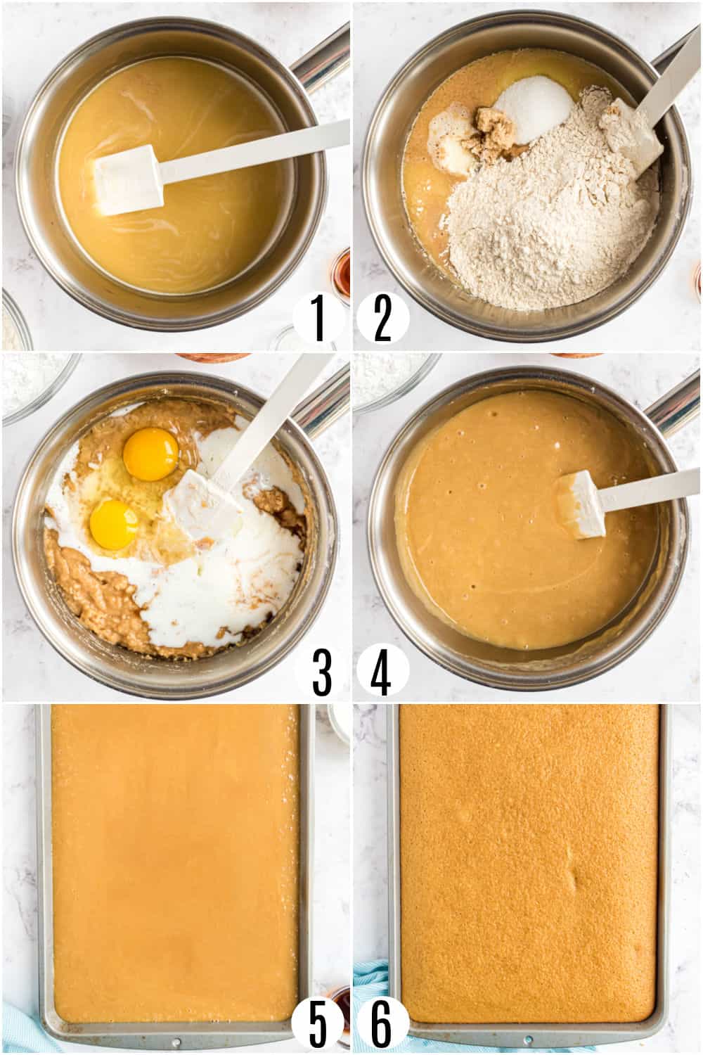 Step by step photos showing how to make peanut butter cake.