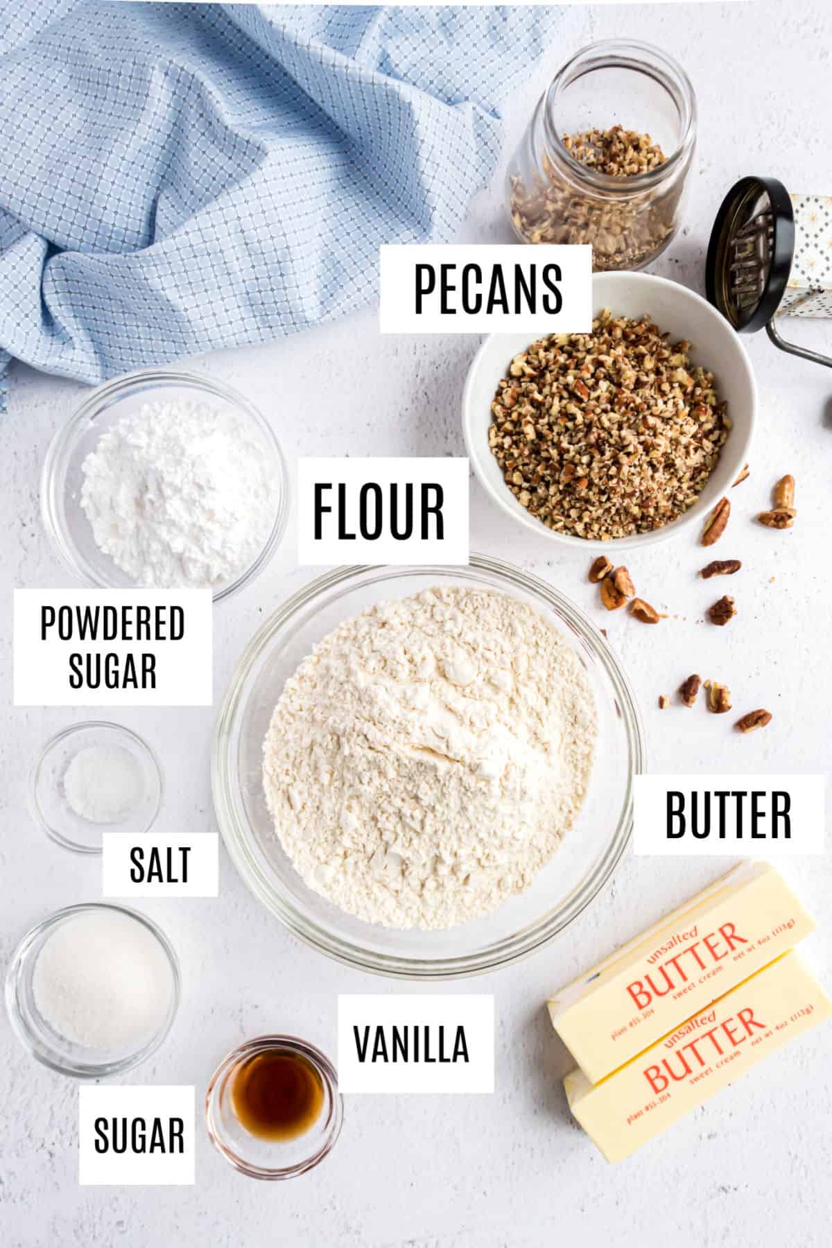 Ingredients needed for pecan sandies cookies.