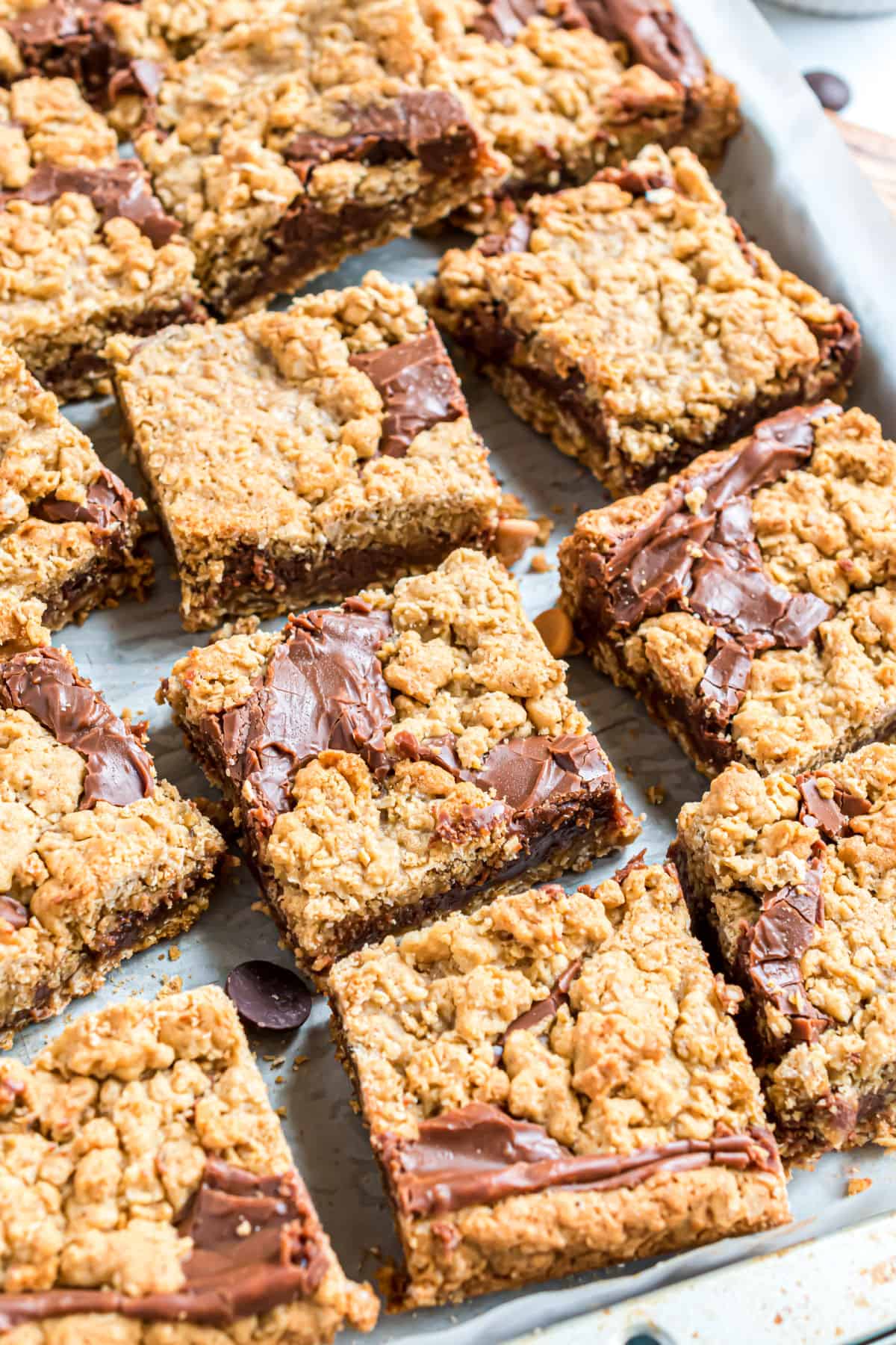 Oatmeal cookie bars with fudge filling cut into squares.