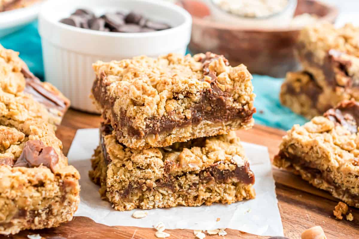 Stack of two oatmeal cookies with fudge filling.