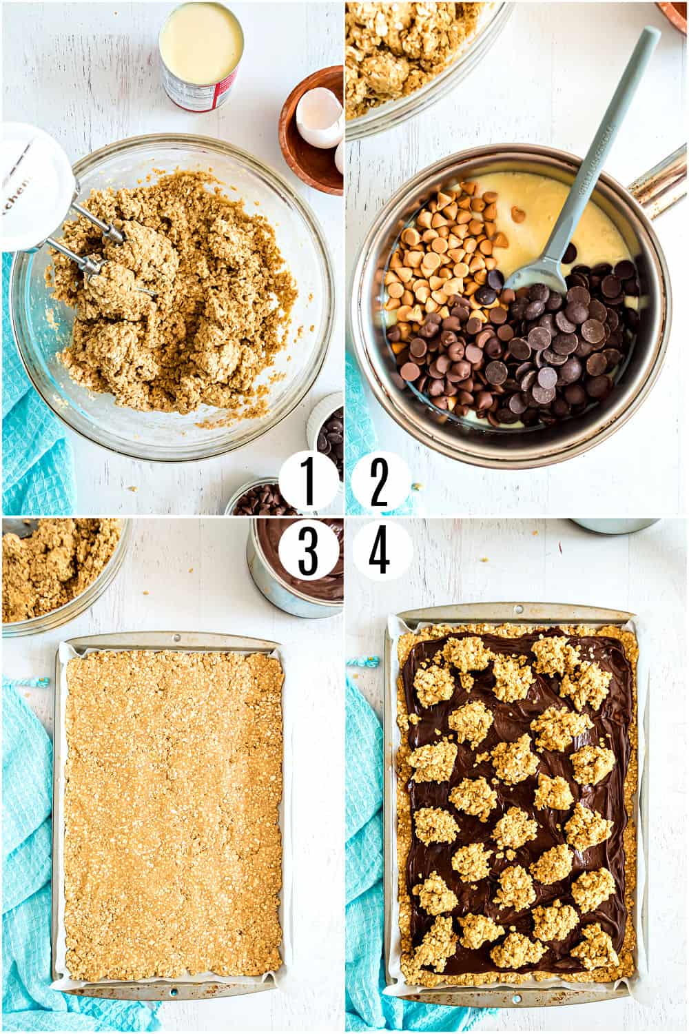 Step by step photos showing how to make oatmeal cookie bars.