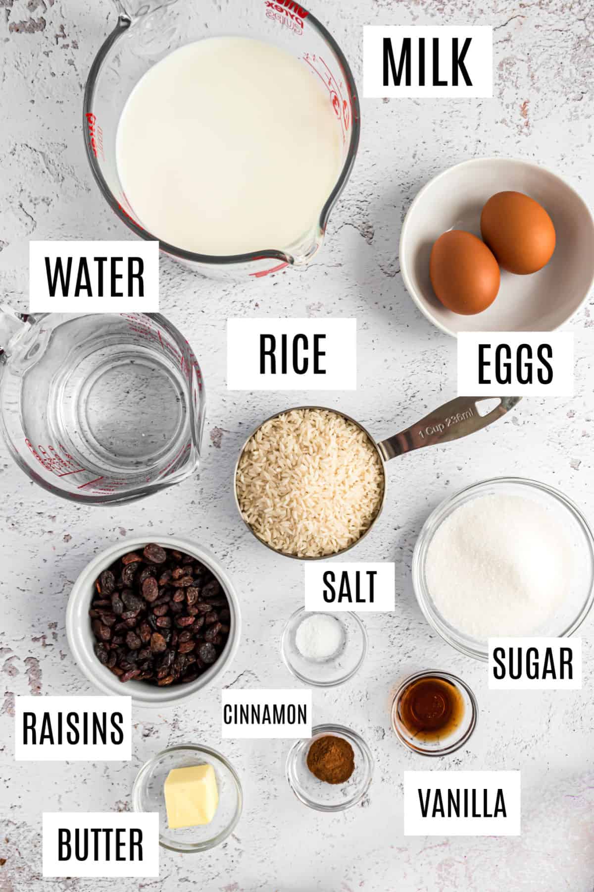 Ingredients needed for rice pudding.