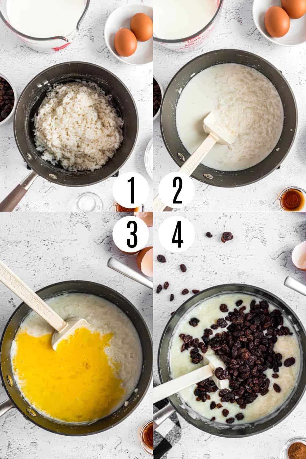 Step by step photos showing how to make rice pudding on the stove top.