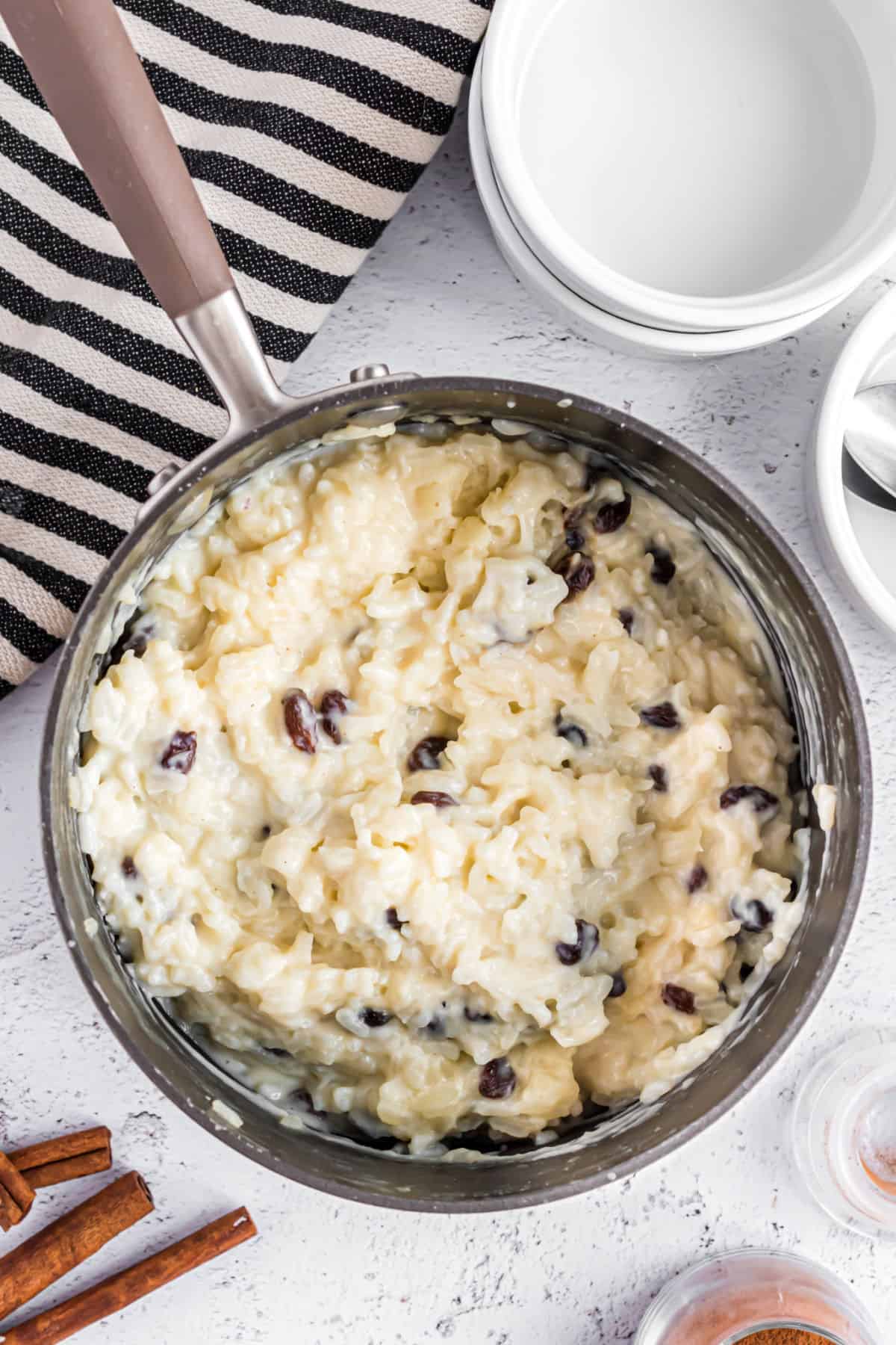 Rice pudding in a saucepan before serving.