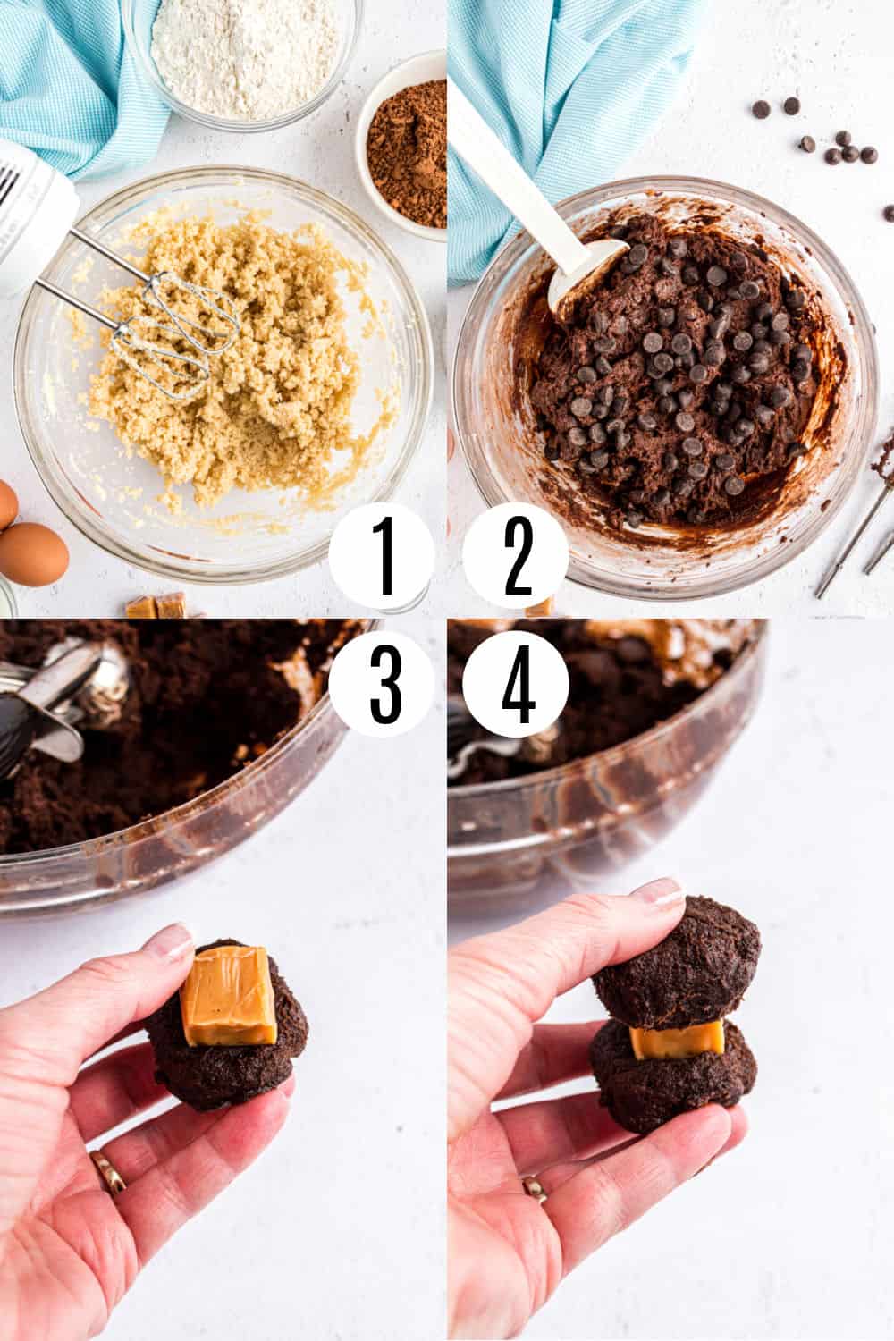 Step by step photos showing how to make salted caramel chocolate cookies.