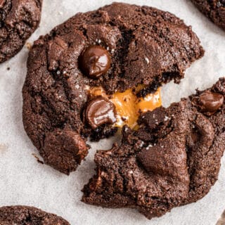 Chocolate cookie with caramel center and topped with flaky sea salt.