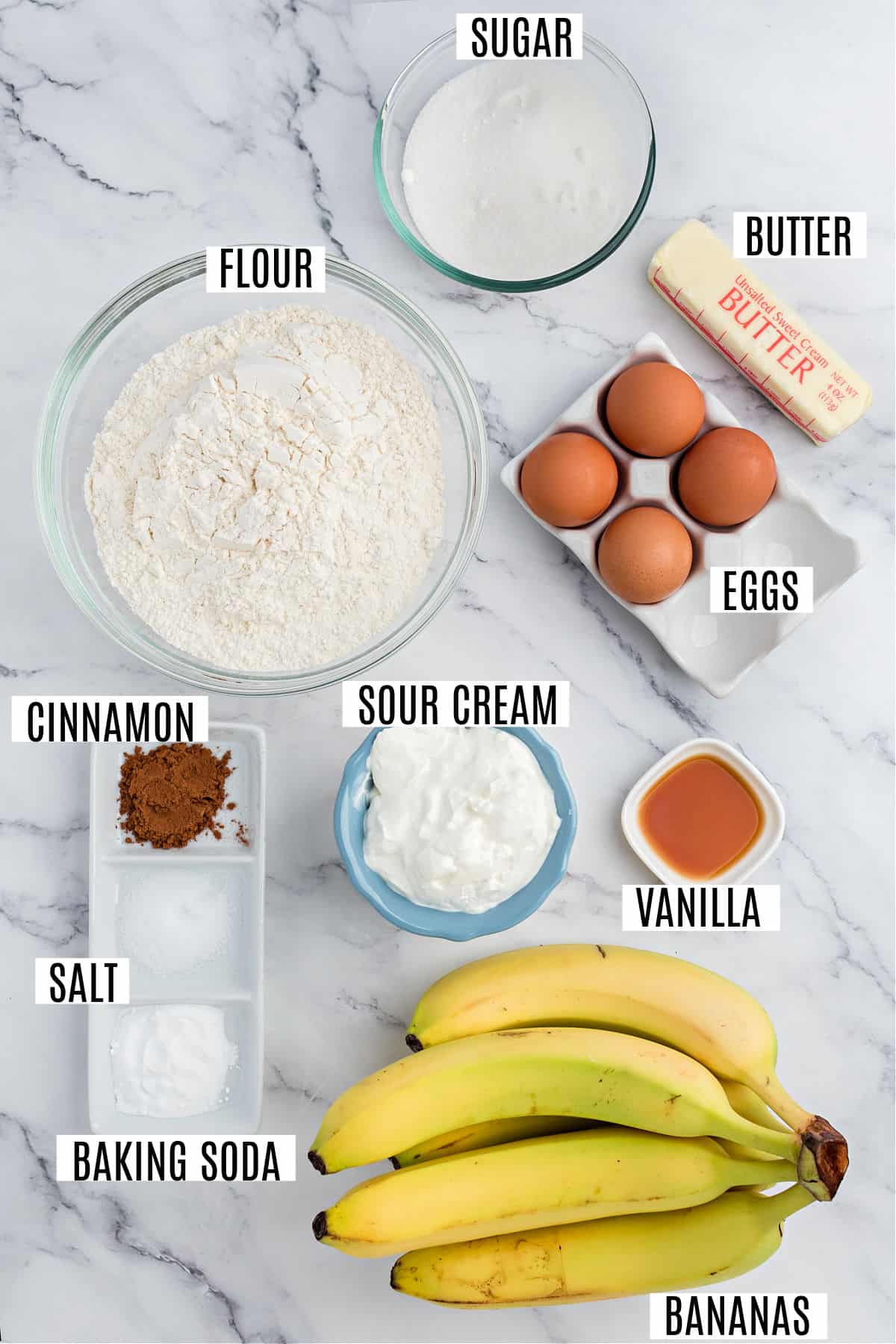 Ingredients needed to make sour cream banana bread.