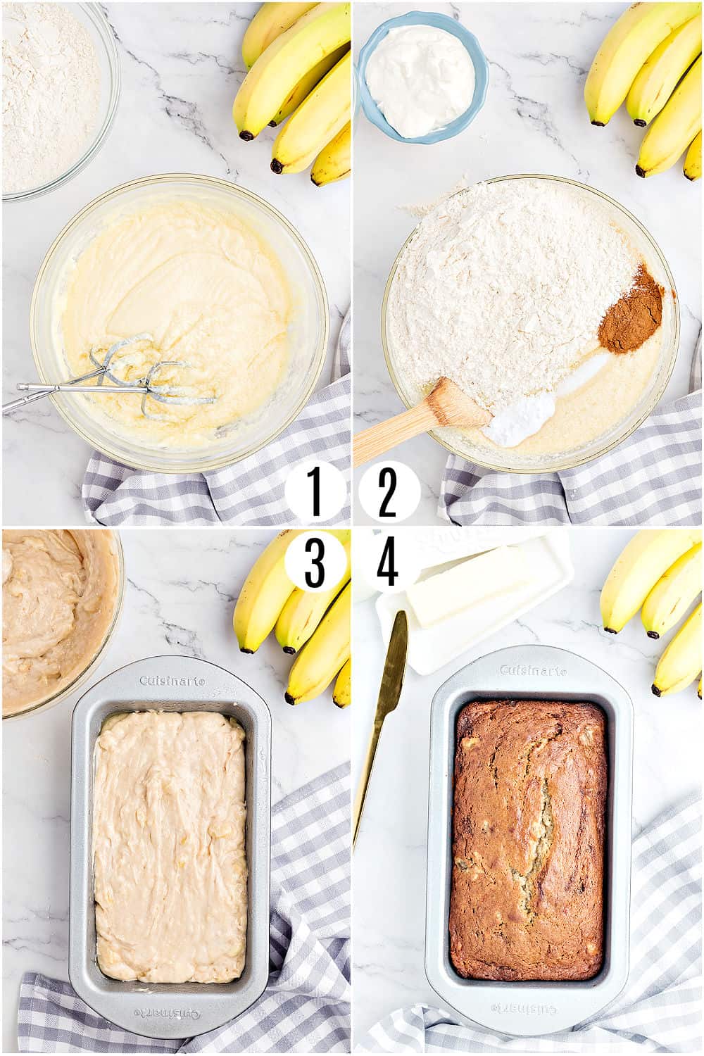 Step by step photos showing how to make banana bread with sour cream.