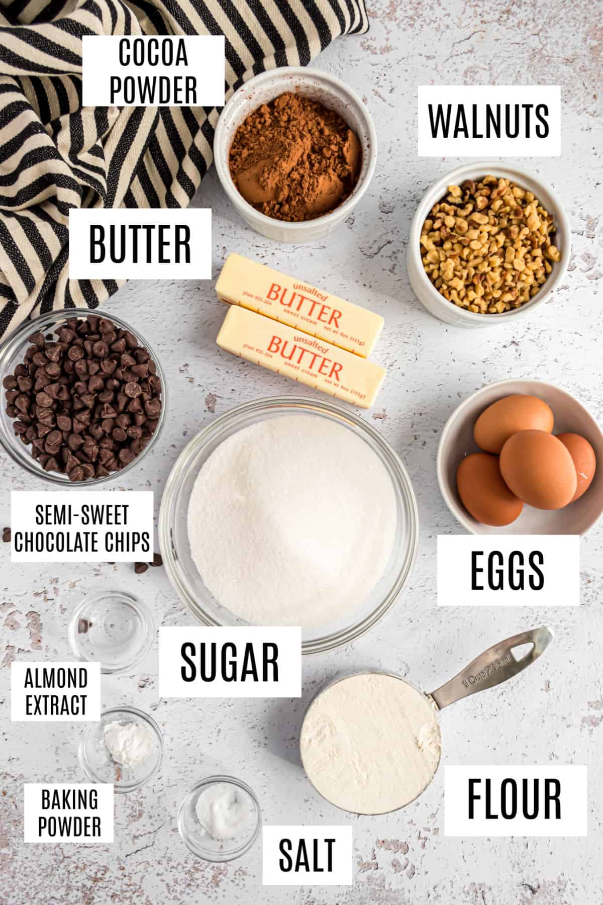 Ingredients needed for walnut brownie recipe.