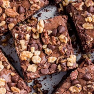Chocolate walnut brownies cut into large squares.