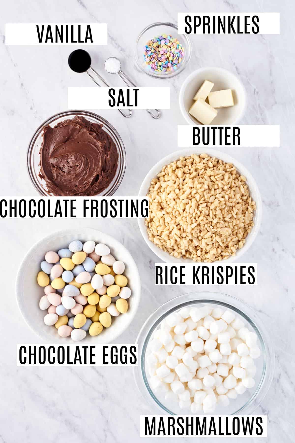 Ingredients needed for Easter rice krispie treat nests.