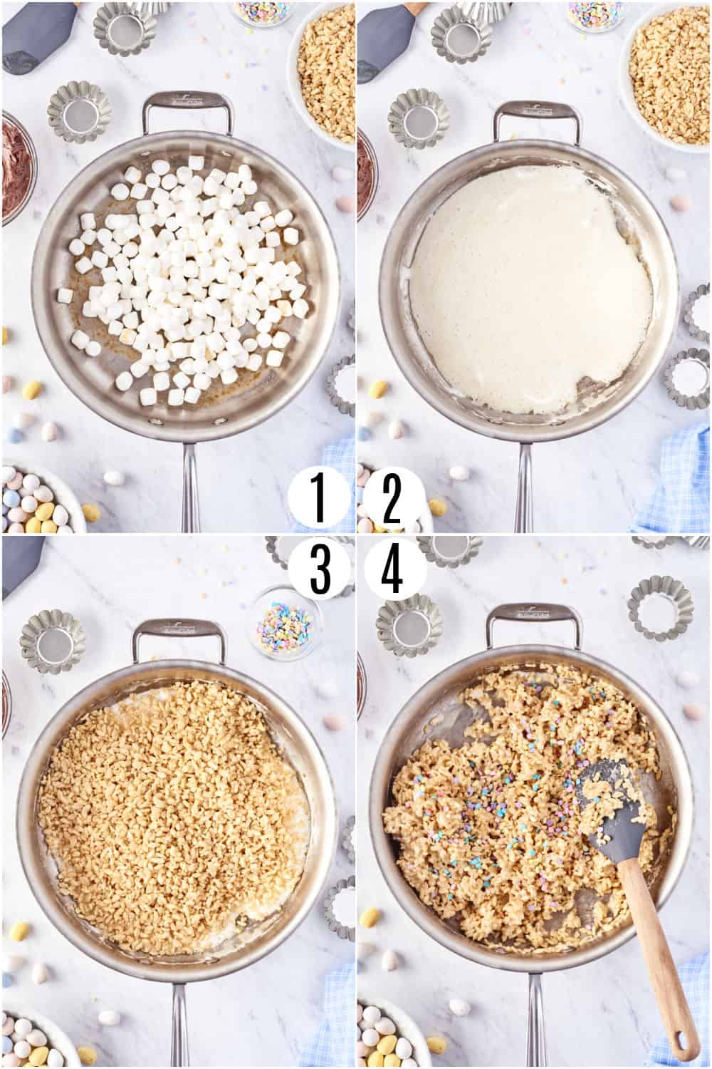 Step by step photos showing how to make rice krispie treats for easter.