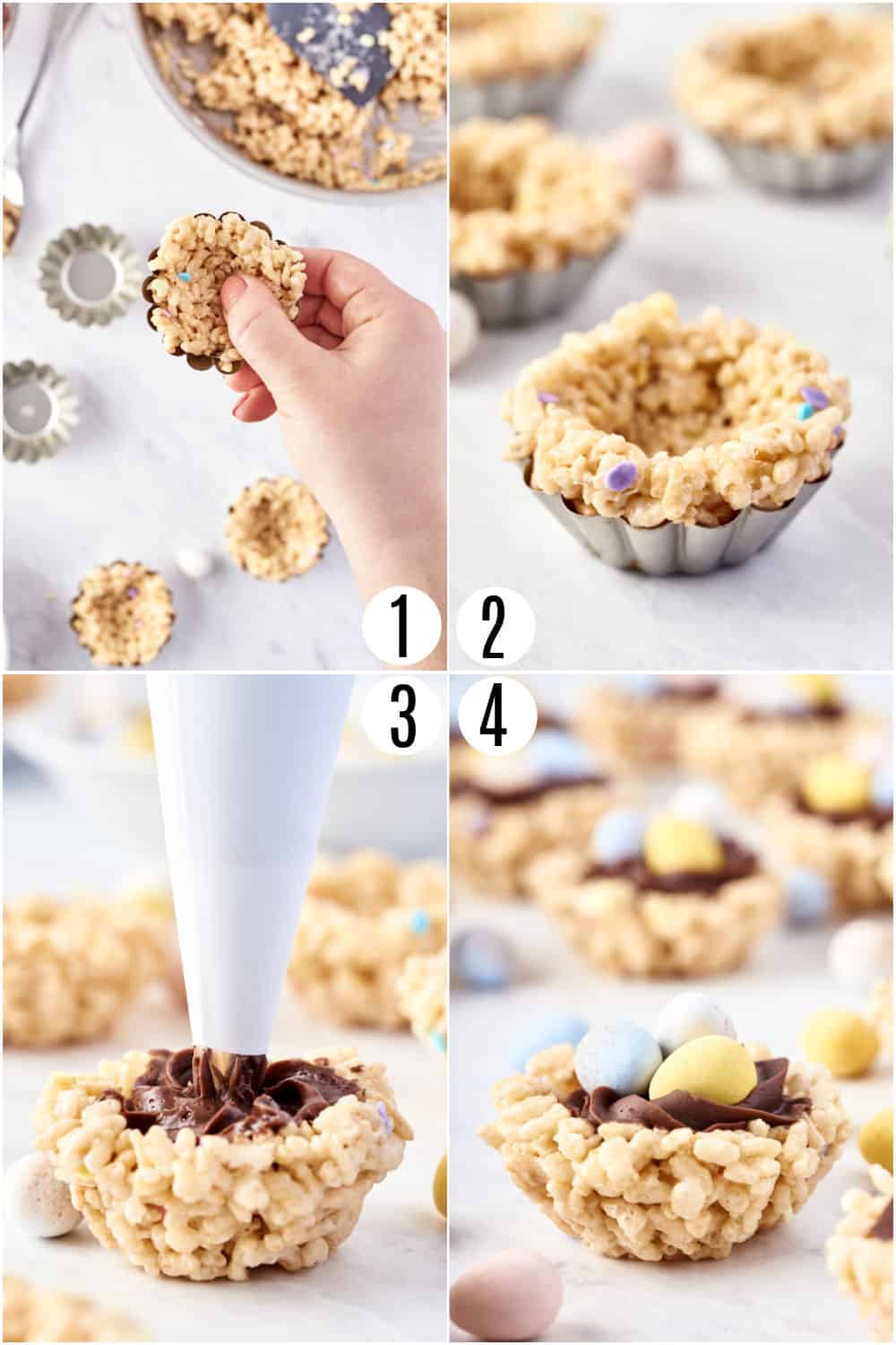 Step by step photos showing how to make Easter egg nest rice krispie treats.