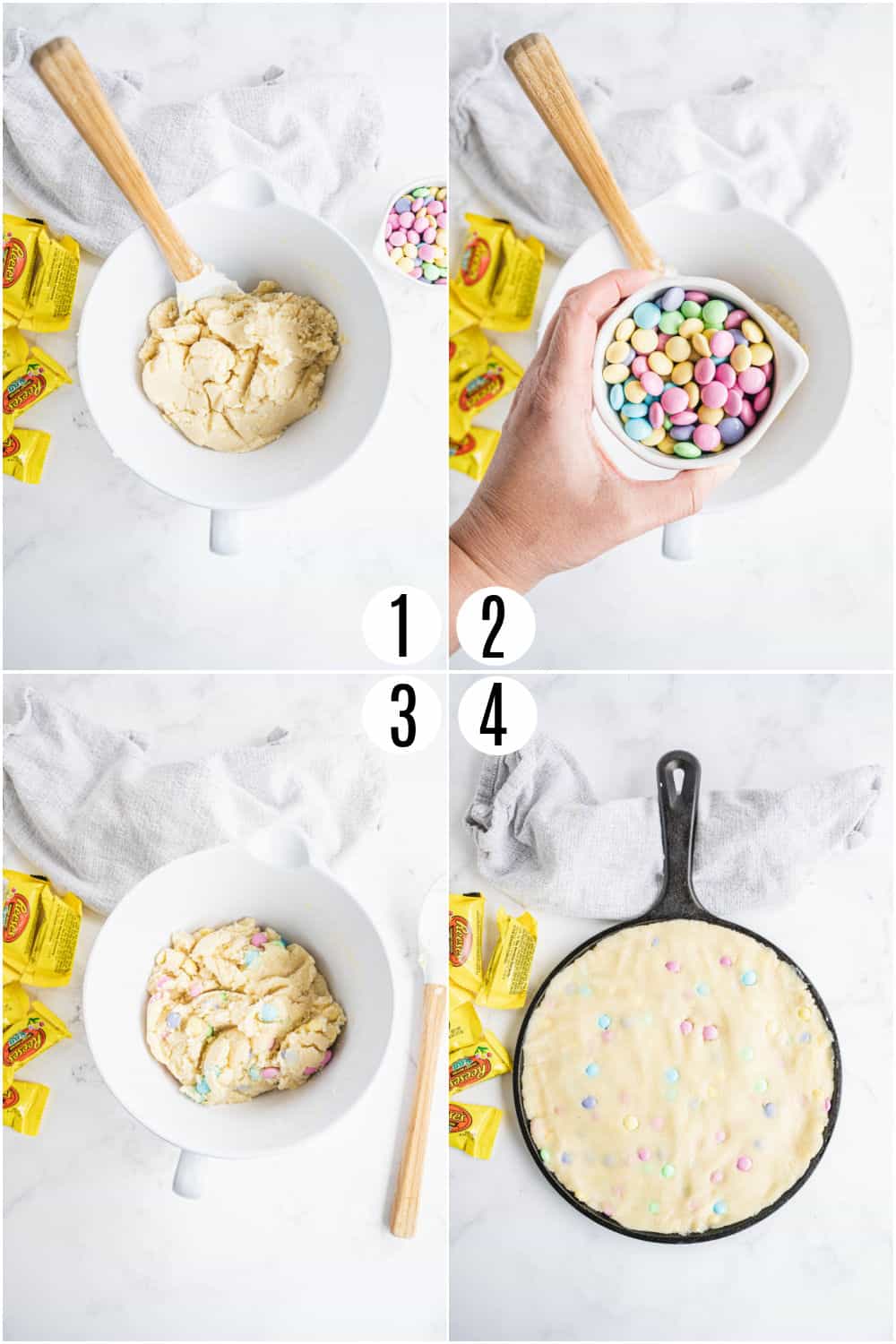Step by step photos showing how to make sugar cookie cake in a skillet.