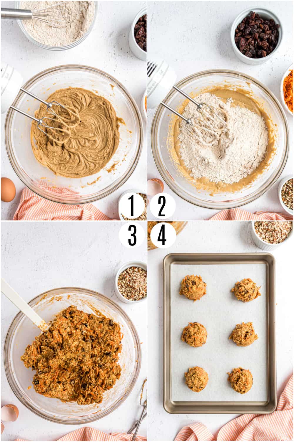 Step by step photos showing how to make carrot cake cookies.
