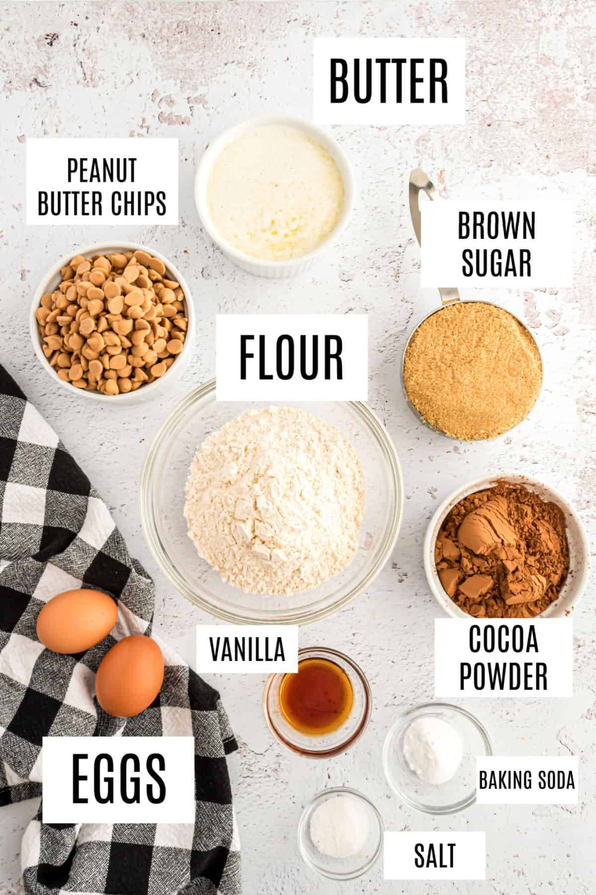 Ingredients needed for chocolate peanut butter chip cookies.