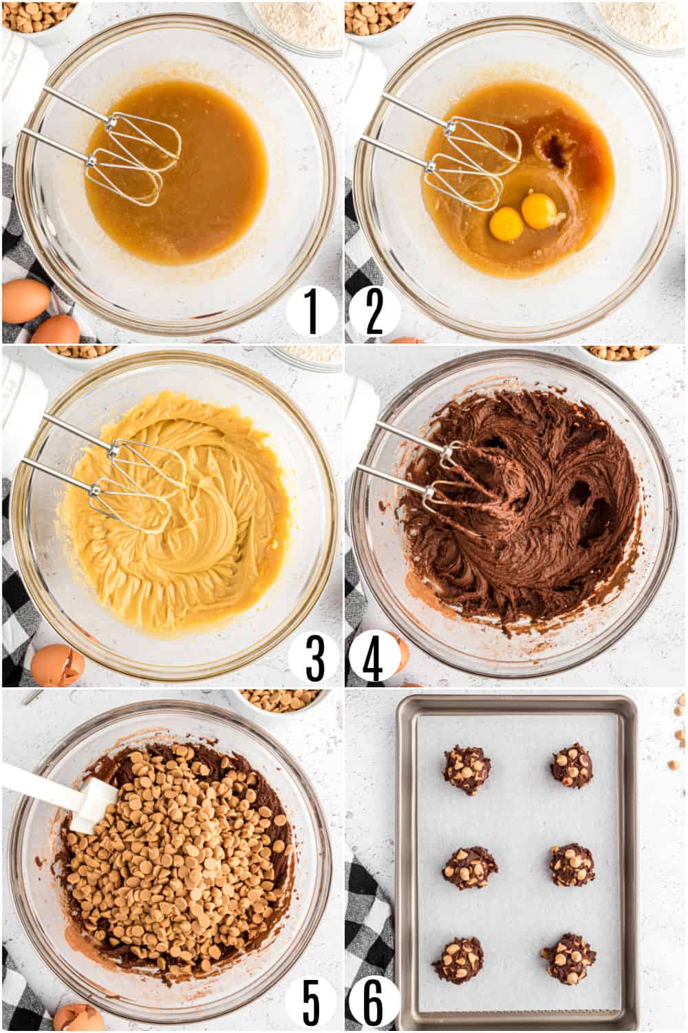 Step by step photos showing how to make chocolate peanut butter cookies.