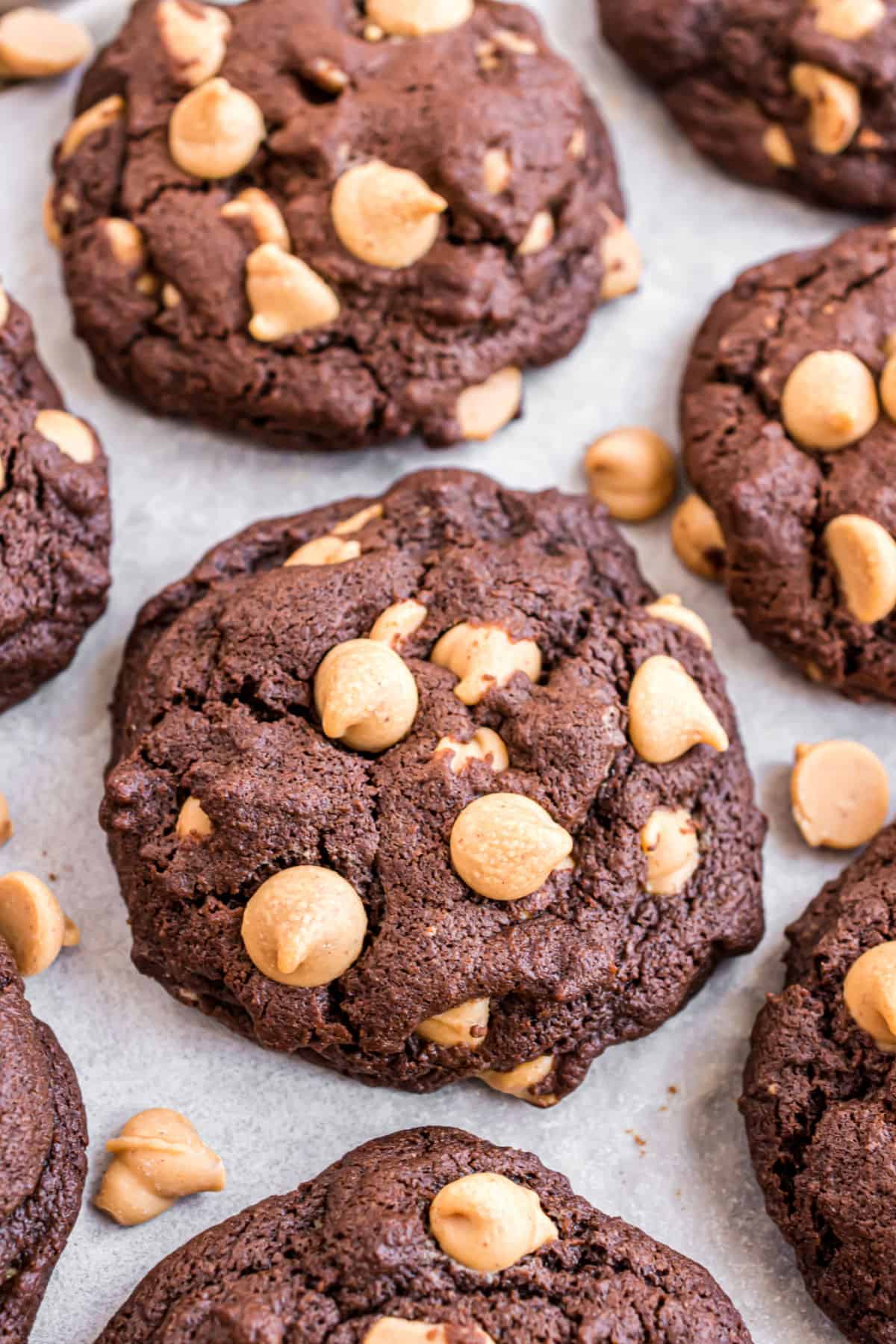 Chocolate cookies with peanut butter chips on a parchment paper lined cookie sheet.