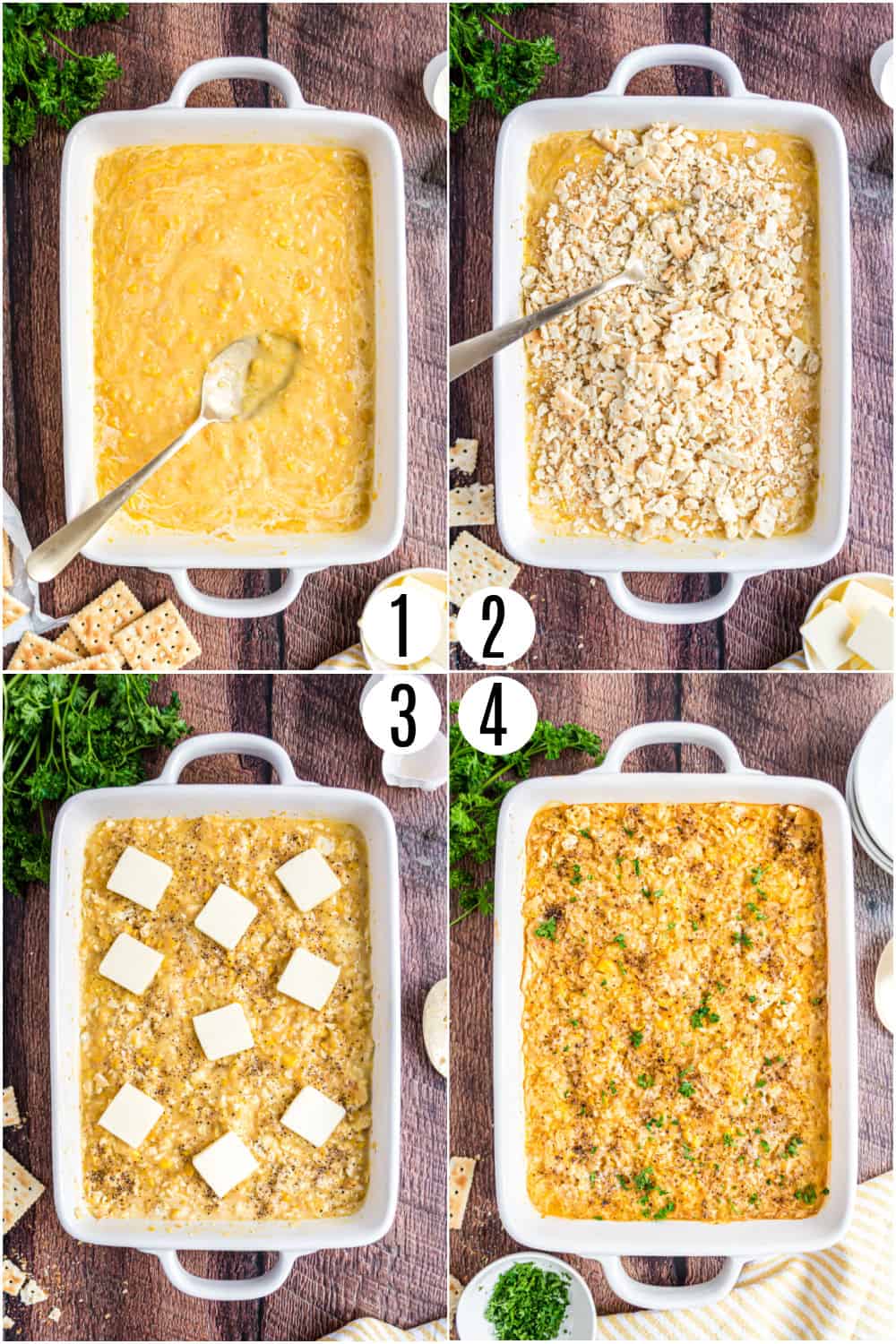 Step by step photos showing how to make corn casserole.