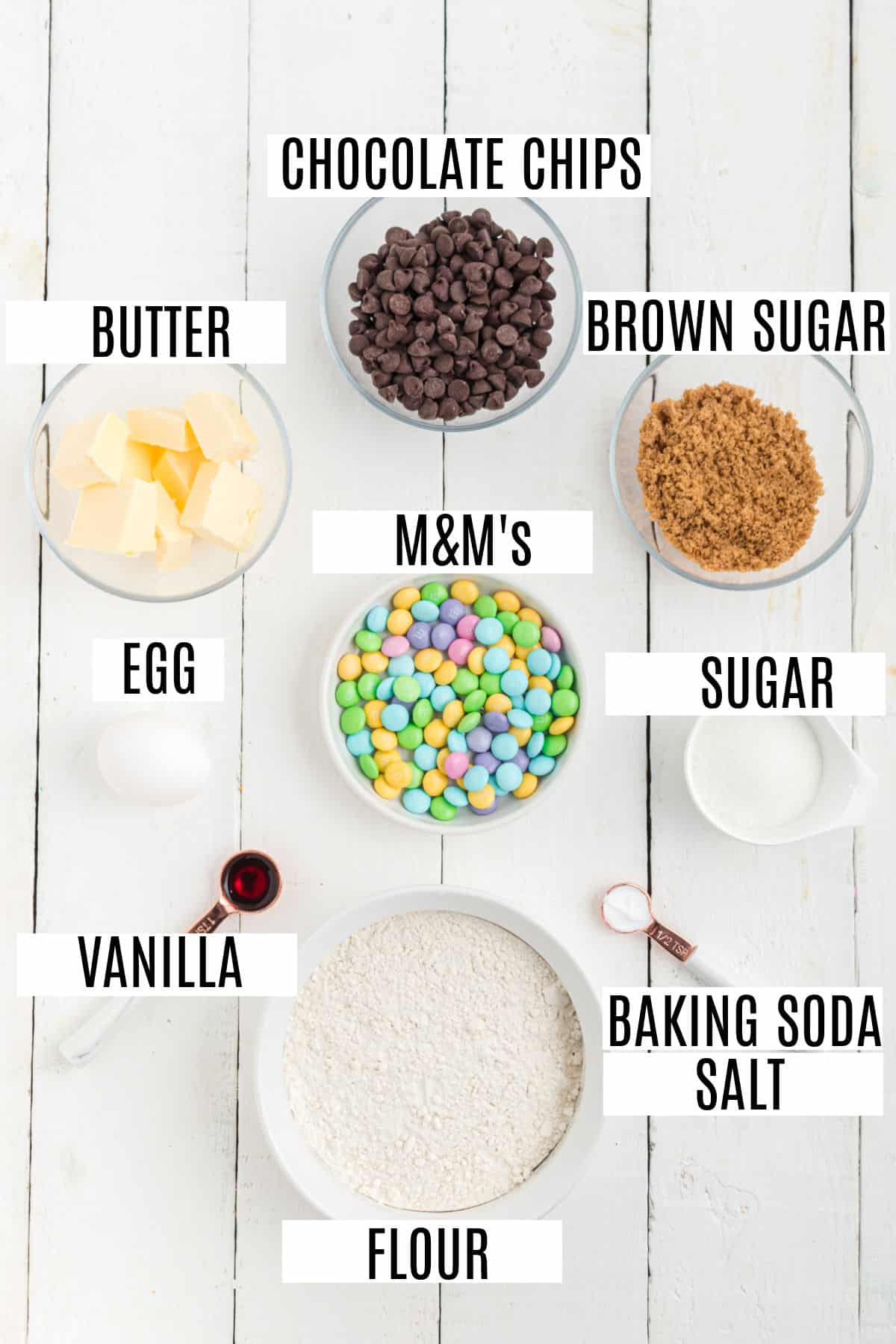 Ingredients needed to make easter chocolate chip cookie cake.