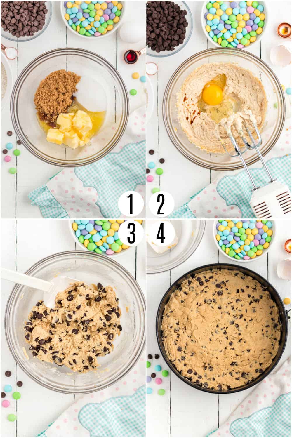 Step by step photos showing how to make an easter chocolate chip cookie cake.