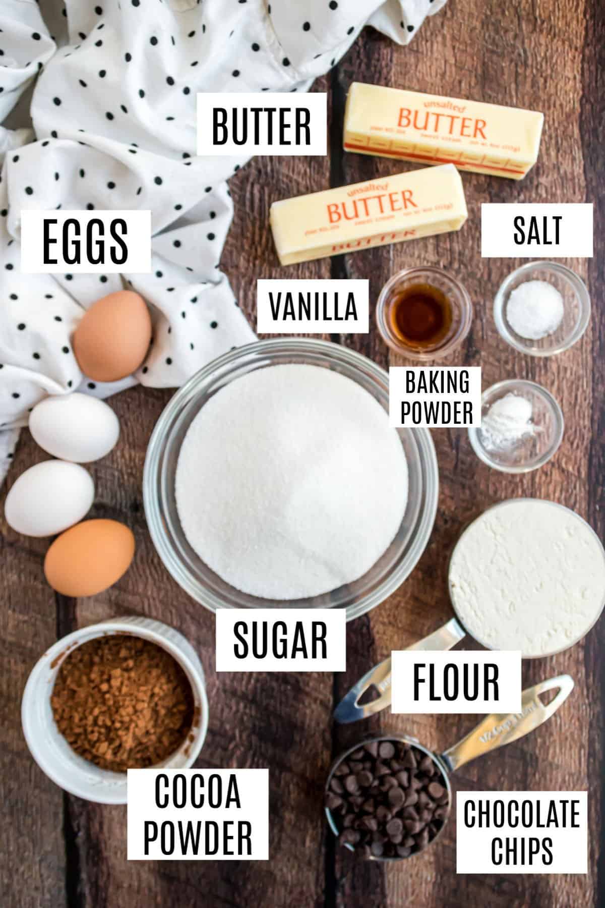 Ingredients needed to make fudgy brownies.