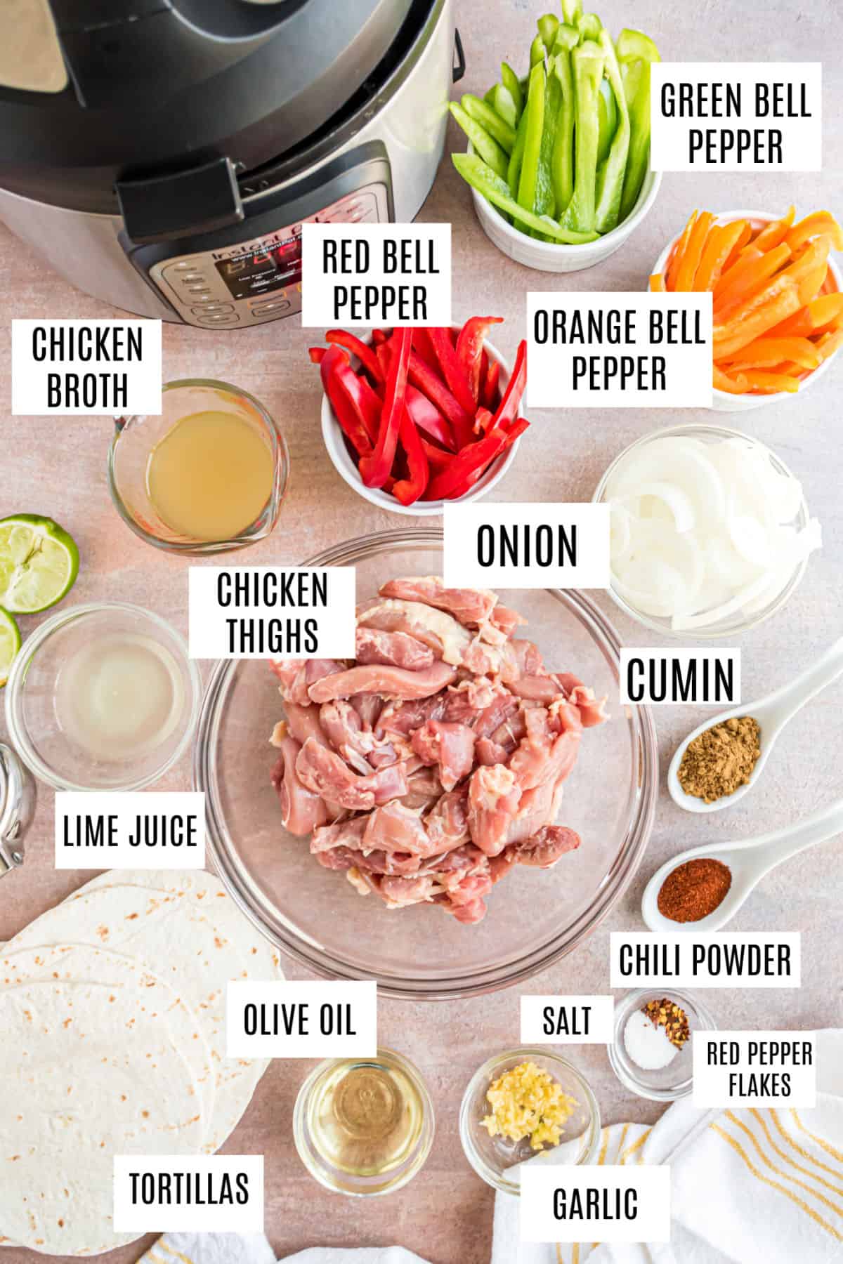 Ingredients needed for instant pot chicken fajitas.