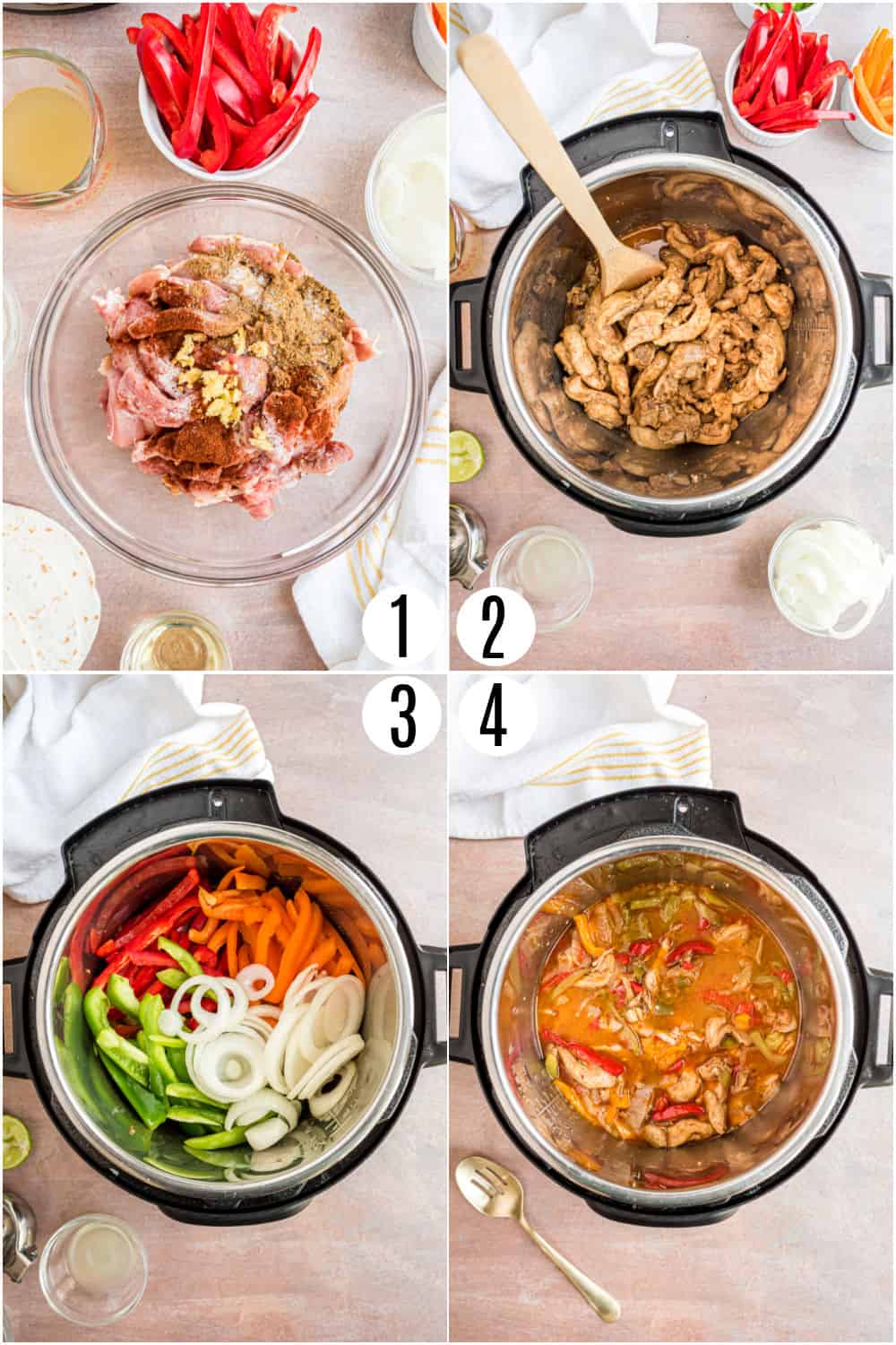 Step by step photos showing how to make chicken fajitas in the pressure cooker.