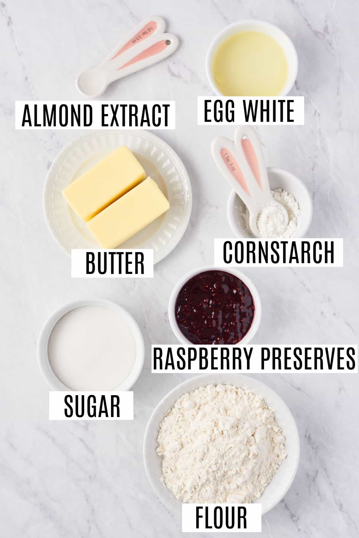 Ingredients needed for jam thumbprint cookies.