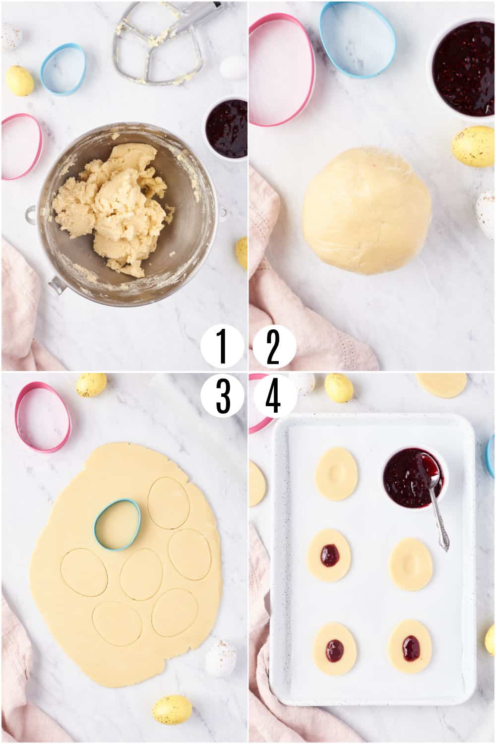 Step by step photos showing how to make Jam thumbprint cookies.