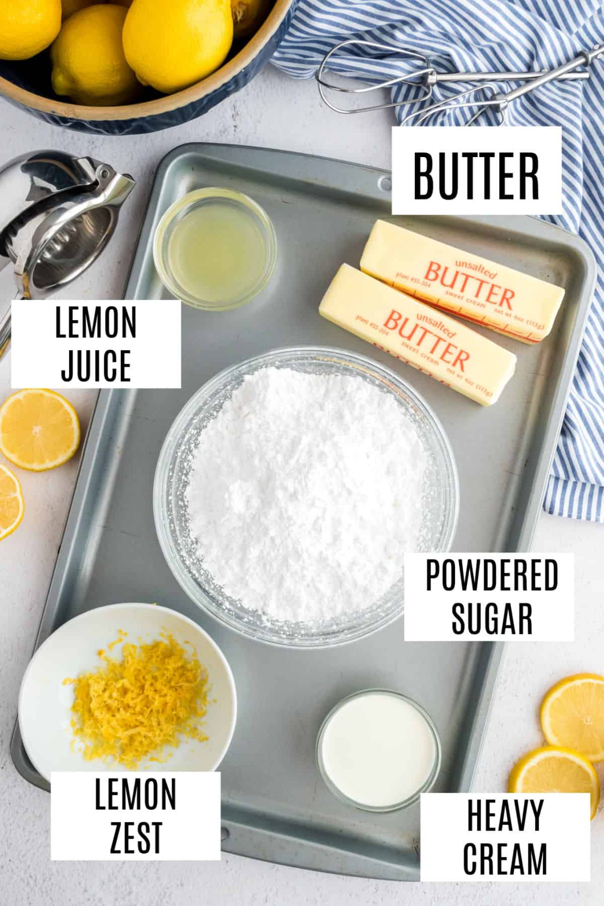 Ingredients needed for lemon buttercream frosting.