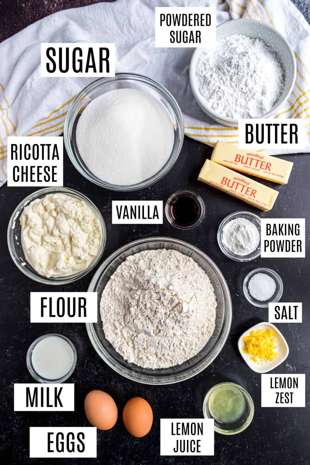 Ingredients needed to make homemade ricotta cookies.