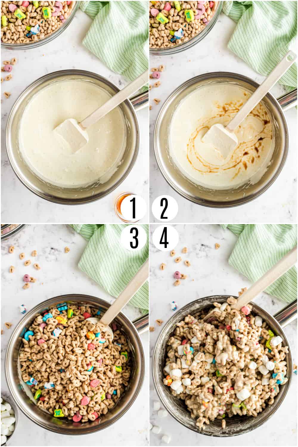 Step by step photos showing how to make lucky charms treat bars.