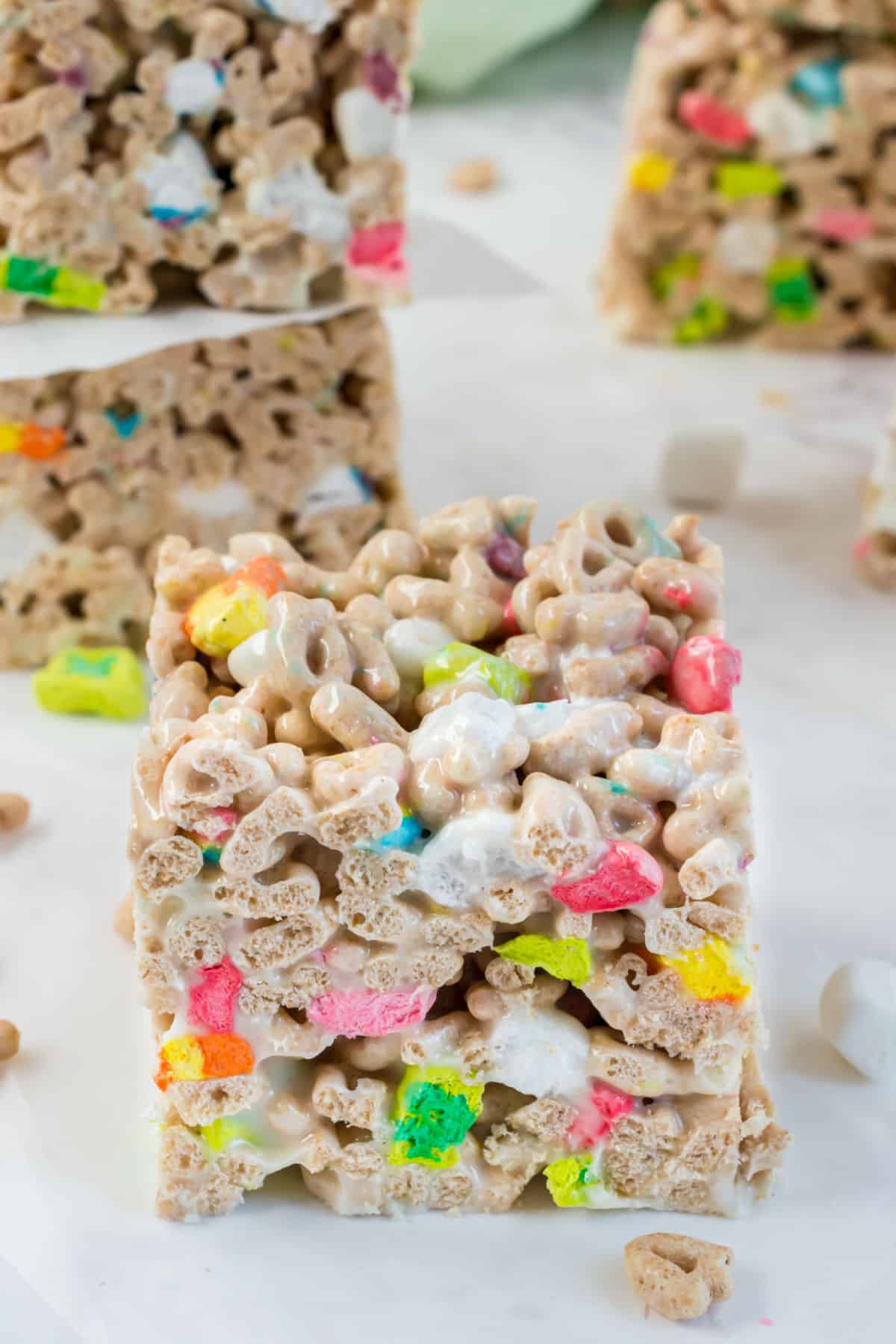 Lucky charms treats bars cut into thick squares.