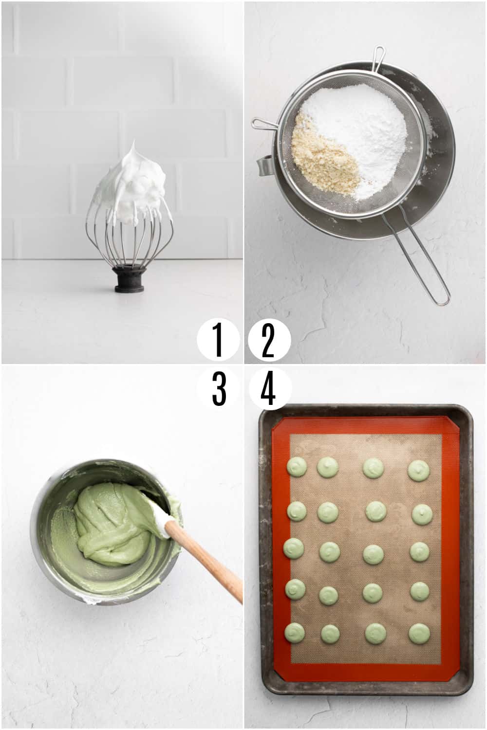 Step by step photos showing how to make pistachio macarons.