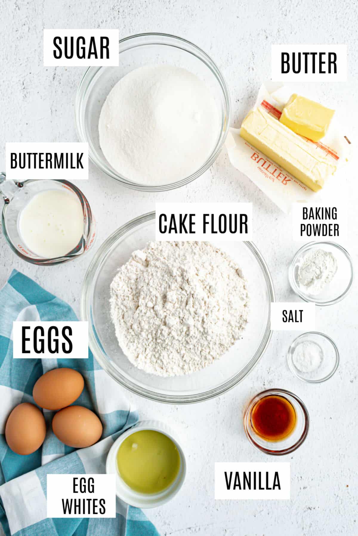 Ingredients needed to make vanilla sheet cake.