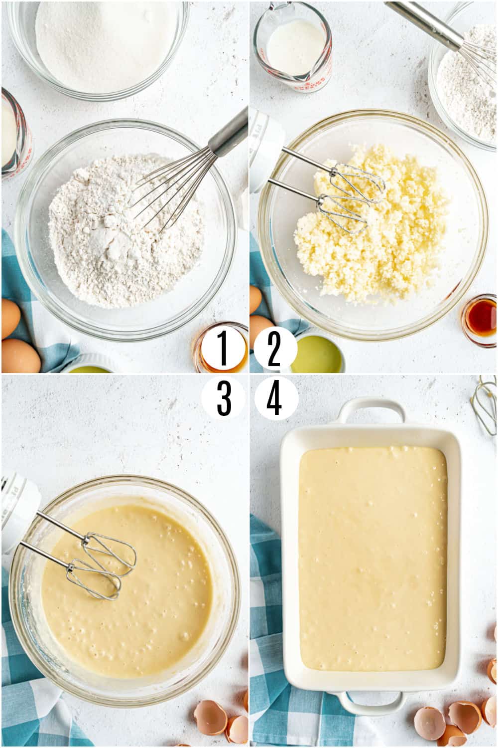 Step by Step photos showing how to make a vanilla sheet cake.