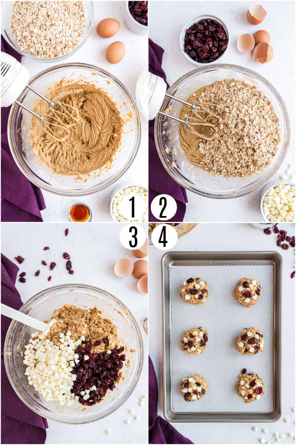 Step by step photos showing how to make oatmeal cookies with white chocolate and cranberries.