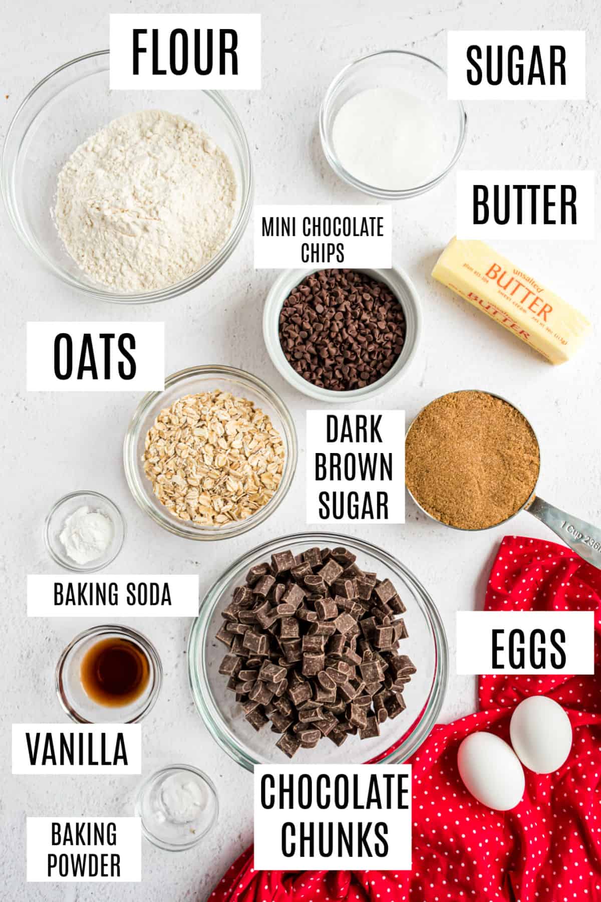 Ingredients needed for chocolate chunk cookies with oatmeal.