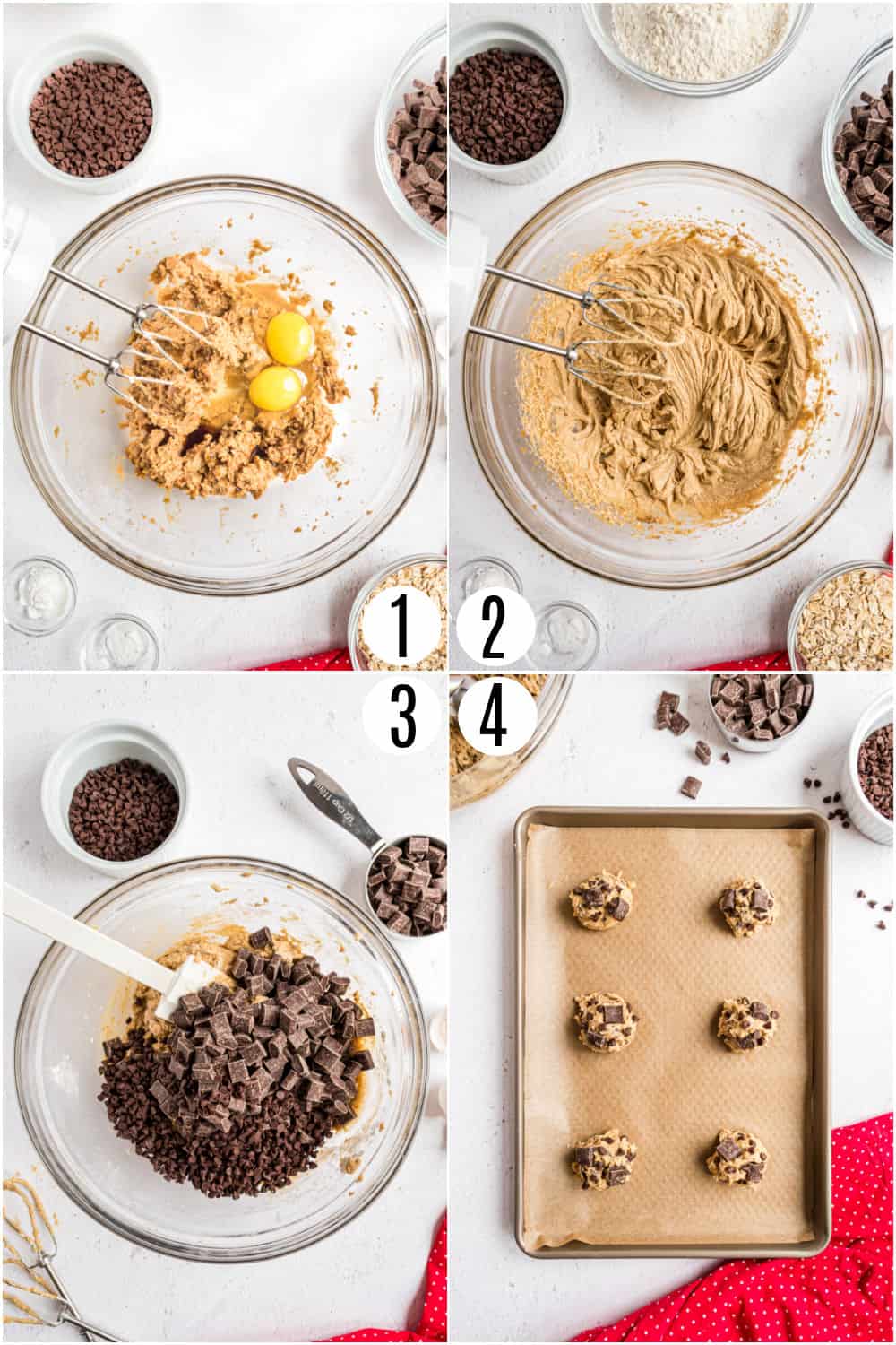 Step by step instructions showing how to make chocolate chunk cookies.