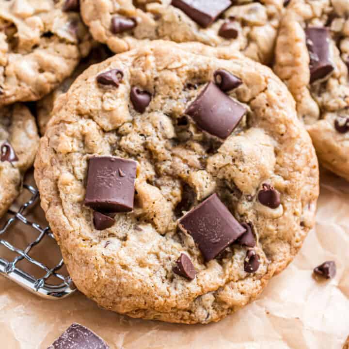 Chocolate chunk cookie on wire cooling rack.