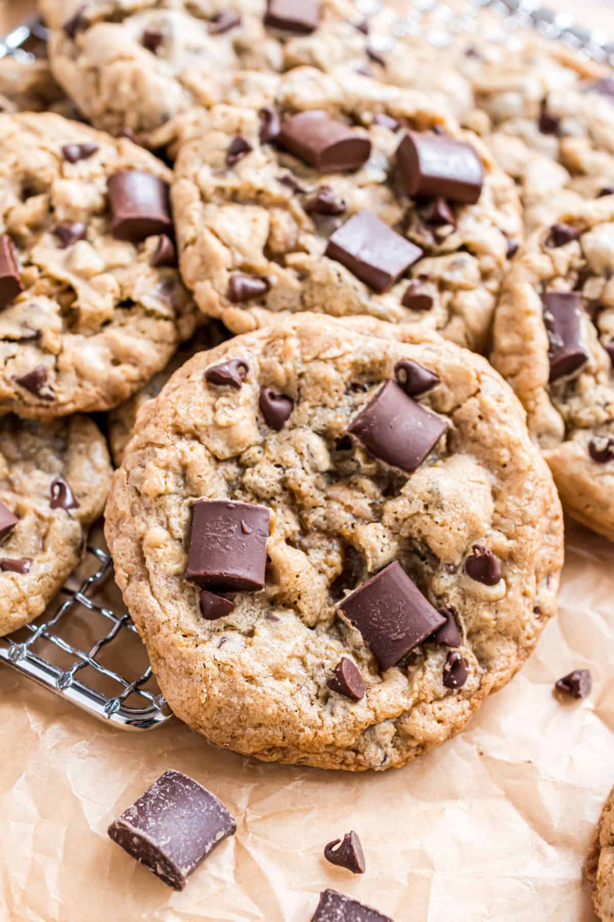 Chocolate chunk cookies on wire rack.