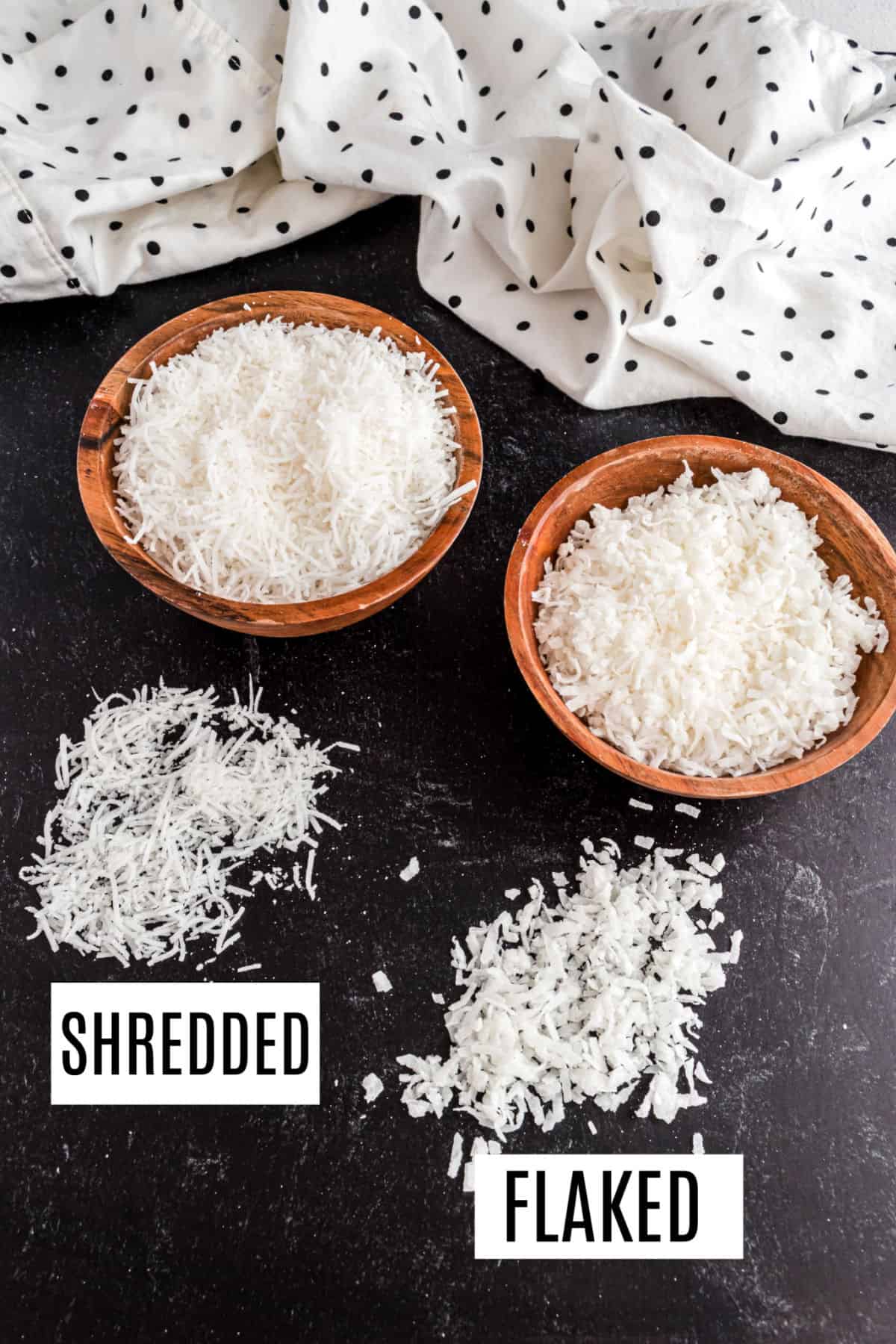 Shredded and flaked coconut in bowls for comnparison.