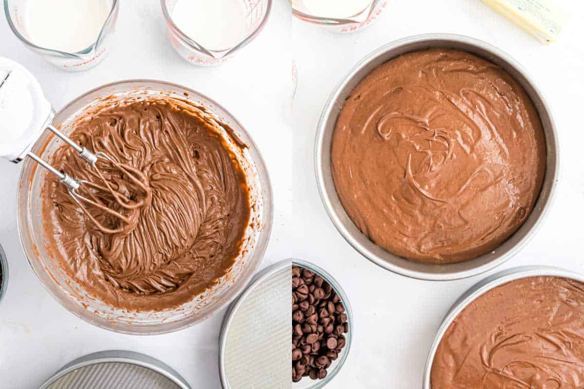 Two images: mixing ding dong cake batter with a hand mixer, and the rich batter poured into a round cake pan.