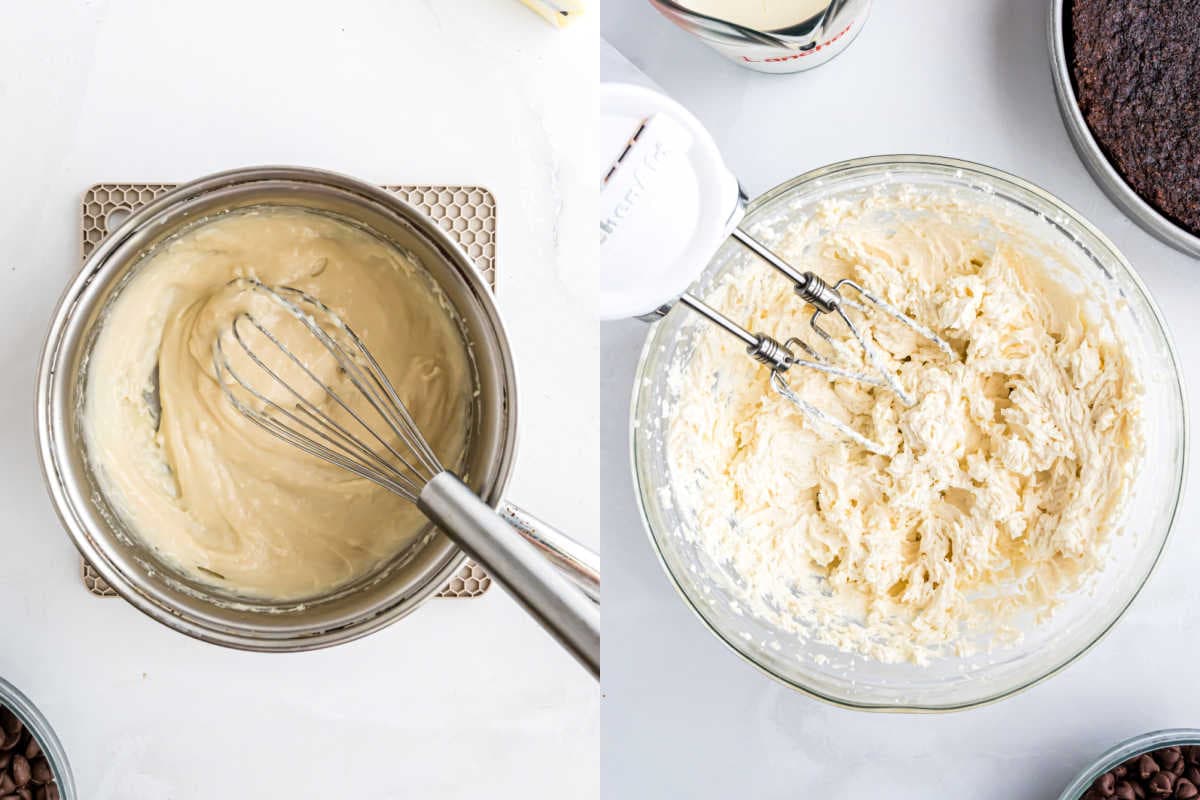 Two bowls: one with a whisk in creamy ding dong cake batter, the other with a mixer blending a fluffy whipped mixture.