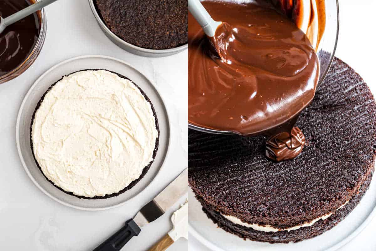 Chocolate cake being assembled with white frosting and rich chocolate ganache poured over the layered cake, creating a decadent ding dong cake experience.