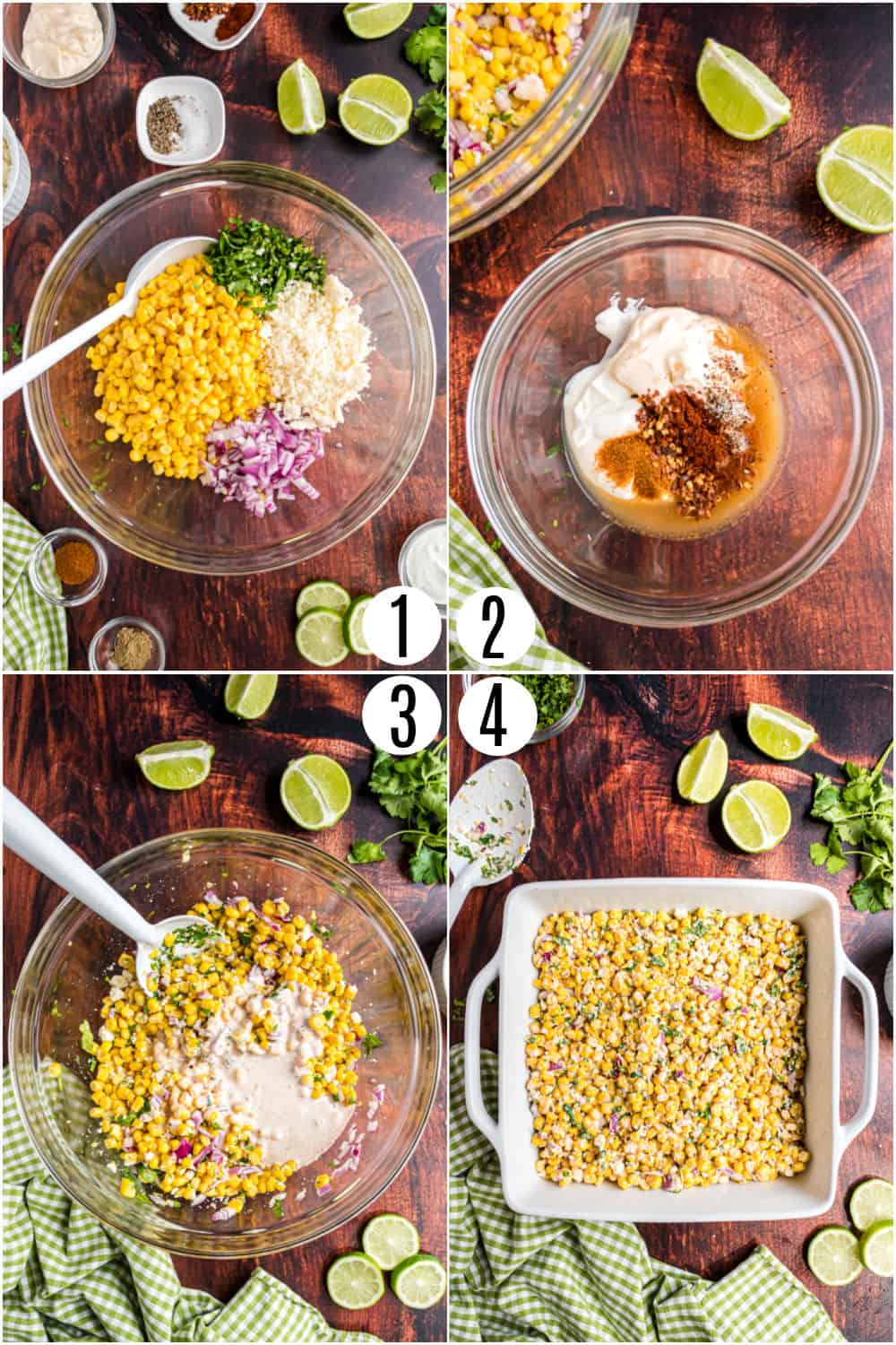 Step by step photos showing how to make mexican street corn.