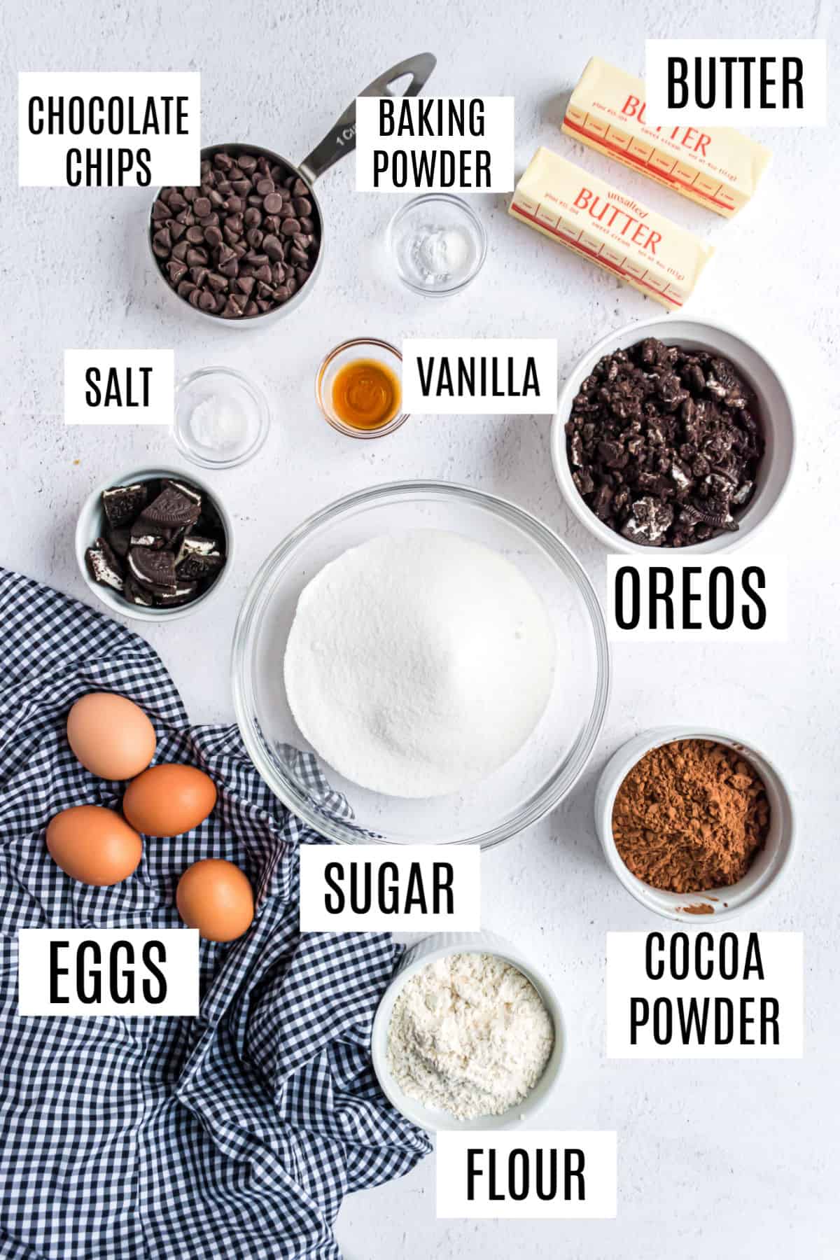 Ingredients needed to make oreo brownies from scratch.